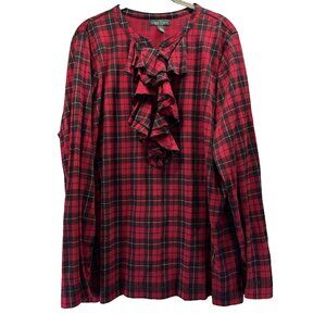 LRL Women's Top Size 3X Plus‎ Red Plaid Ruffle V Neck Long Sleeve 100% Cotton
